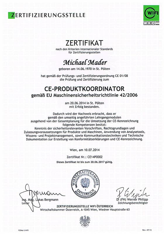 CE Produkt-Koordinator Zertifikat – Hellpower Energy GmbH